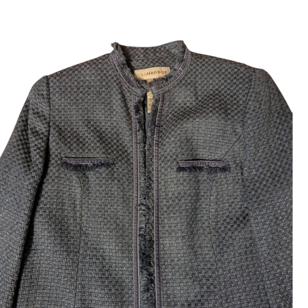 VTG 90s Sag Harbor Blue Multi Tweed 3/4 Length Lined Blazer Coat Women's 12 - Picture 3 of 11